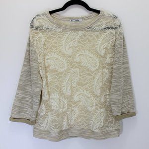 GRIFFLIN PARIS Boatneck Paisley Knit 3/4  Top Lg